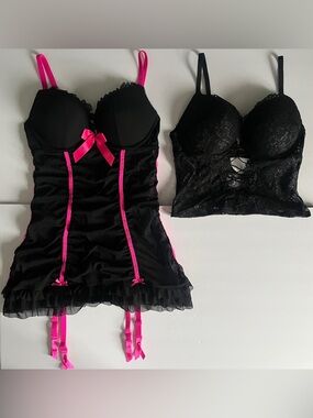 La SENZA Black + Hot Pink Push-Up Garter Chemise/Demi Push-Up Lace Bustier Lot